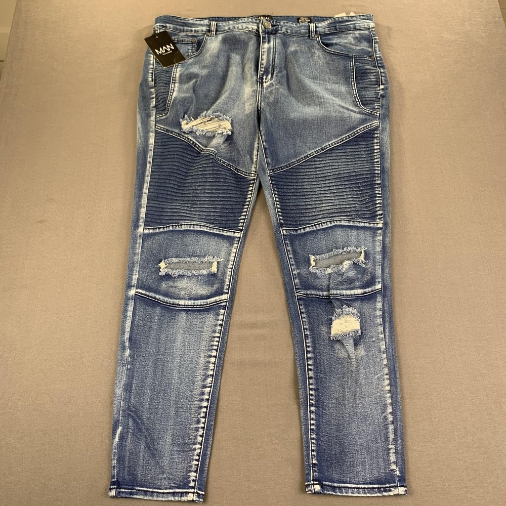 BoohooMAN Jeans Mens 44x32 Blue Skinny Fit Ripped Biker Stretch Denim Streetwear